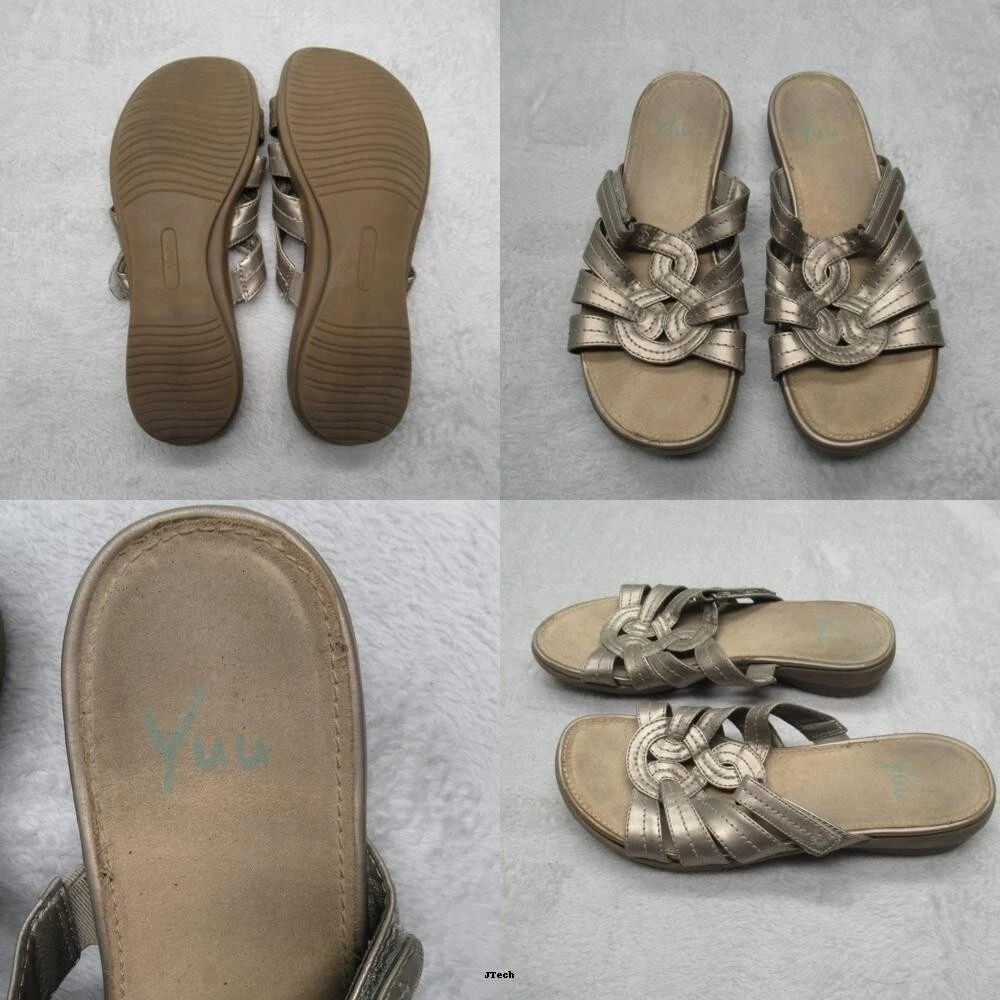 Yuu Joeju Slides Sandals Womens 9.5 Brown Bronze Open Toe Low Wedge Strappy